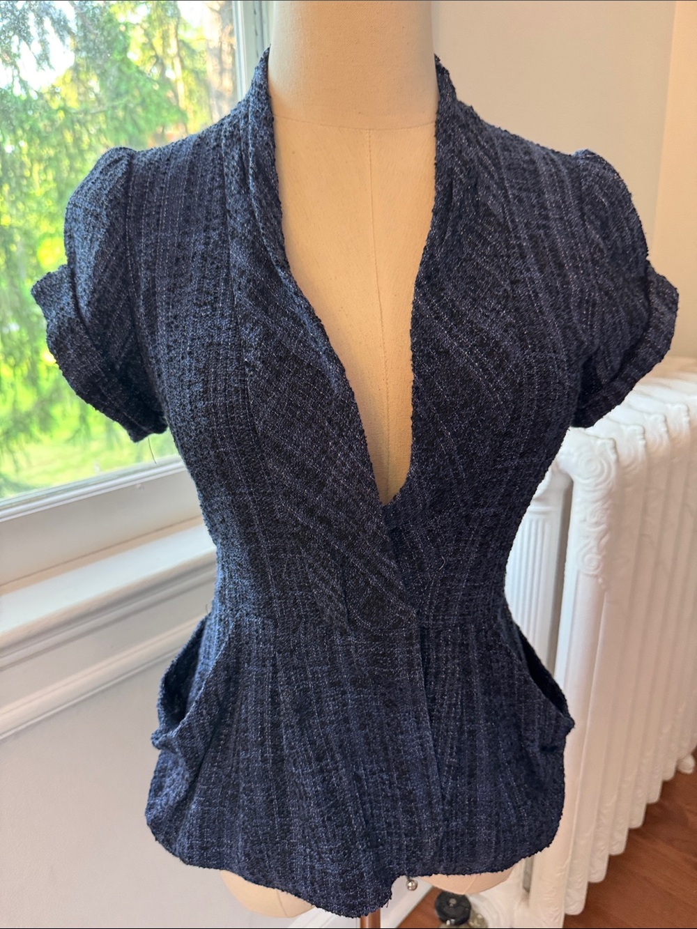 Nanette Lepore Navy Textured Short-Sleeve Blazer